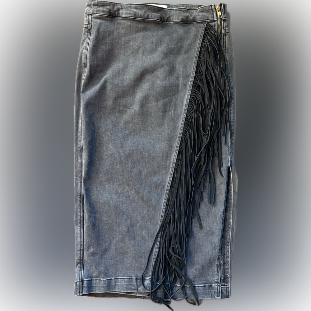 McQuire Gray Stretch Denim Skirt with Fringe Detail